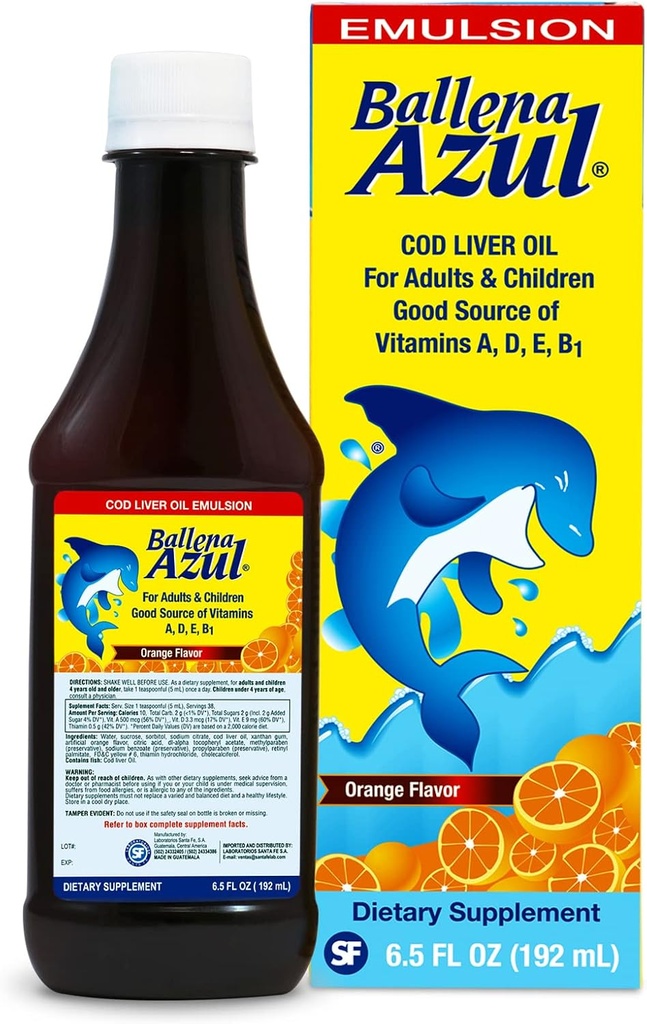Emulsion Ballena Azul Aceite De Hígado De Bacalao Para Adultos Y Niños, COD Liver Oil For Adults Children, Good Source Of Vitamins A, D, E, B1, Dietary Supplement, Omega 3 (Orange Flavor)
