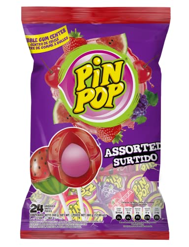 Pin Pop Candy, Assorted Flavor Individually Wrapped 24 Count Lollipops, Fruit Flavor Suckers for Kids, Bubble Gum Pops, Pack of 1, 360g (12.69oz)