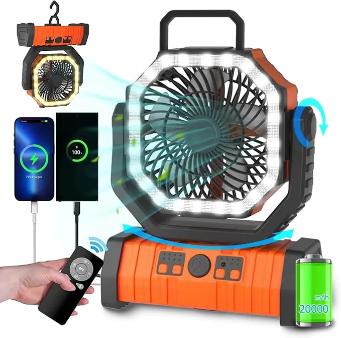 ADUST Camping Battery Operated Powered Fan with LED Lantern Light 20000mAh Rechargeable Portable Oscillating Fan with 360° Rotation Hanging Hook for Tents, Cordless USB Desk Fan(Orange)