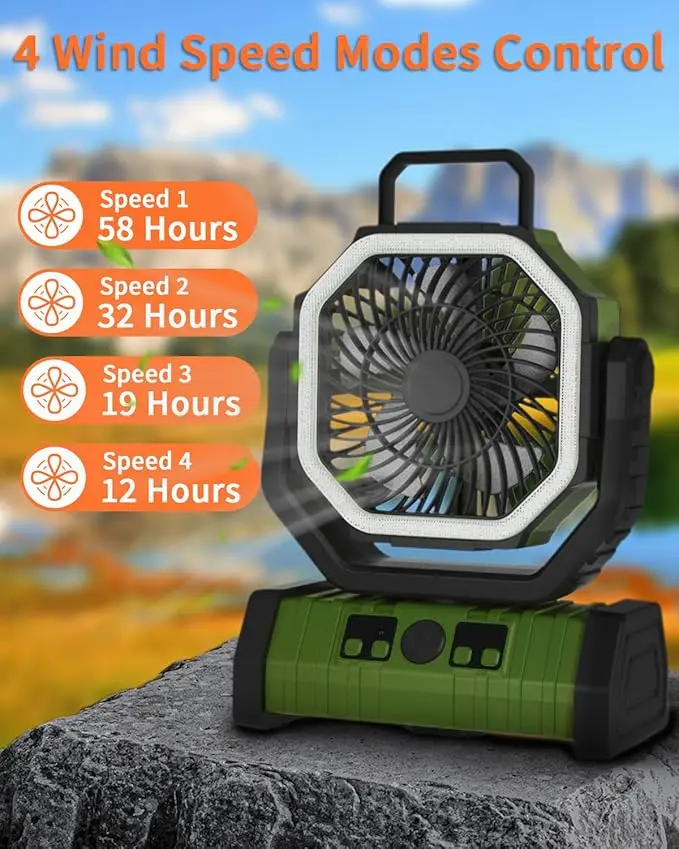 Camping Battery Operated Powered Fan with LED Lantern Light 20000mAh Rechargeable Portable Oscillating Fan with 360° Rotation Hanging Hook for Tents, Cordless USB Desk Fan(Verde)