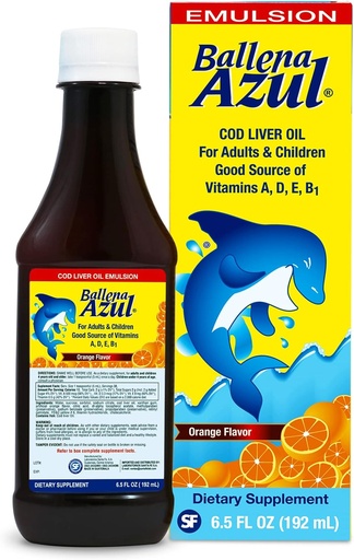 Emulsion Ballena Azul Aceite De Hígado De Bacalao Para Adultos Y Niños, COD Liver Oil For Adults Children, Good Source Of Vitamins A, D, E, B1, Dietary Supplement, Omega 3 (Orange Flavor)