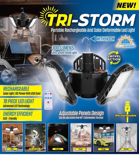 Tri-Storm Portable Rechargeable Solar LED Light With Hook