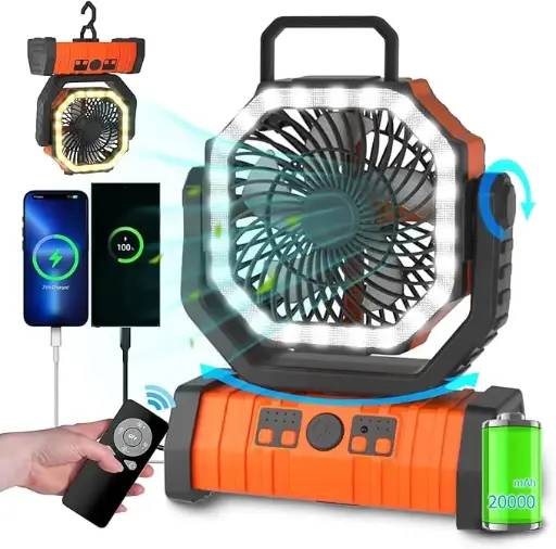 ADUST Camping Battery Operated Powered Fan with LED Lantern Light 20000mAh Rechargeable Portable Oscillating Fan with 360° Rotation Hanging Hook for Tents, Cordless USB Desk Fan(Orange)