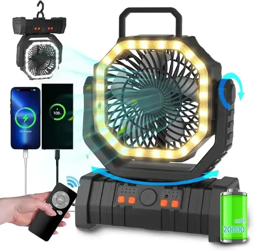 ADUST Camping Battery Operated Powered Fan with LED Lantern Light 20000mAh Rechargeable Portable Oscillating Fan with 360° Rotation Hanging Hook for Tents, Cordless USB Desk Fan(Black)